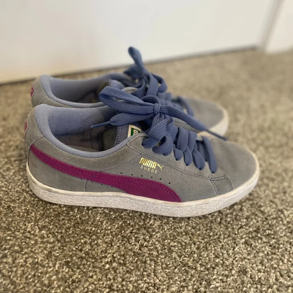 Puma Suede Grey Blue Purple‎ Sneakers Shoes School Kids Girls Youth Size 4 - Picture 4 of 8